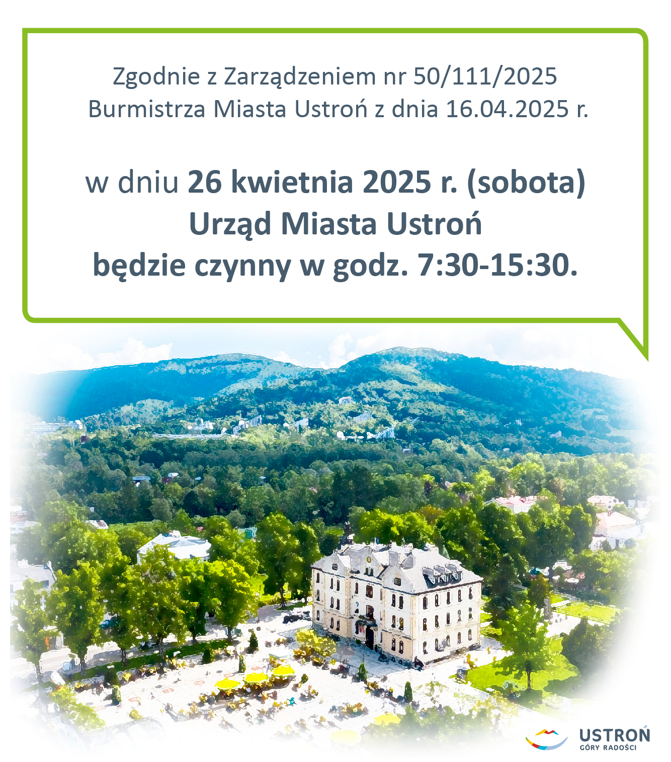 aktualność: 26 kwietnia 2025 r. (sobota) Urząd Miasta Ustroń będzie czynny w godz. 7:30-15:30