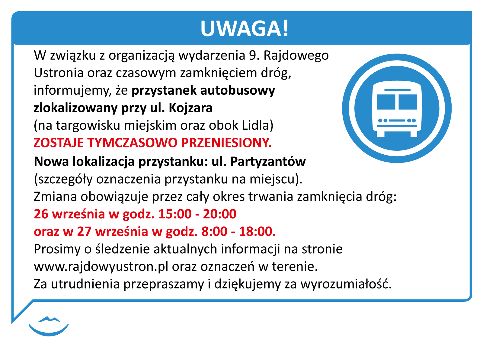 aktualność: Tymczasowe przeniesienie przystanku przy ul. Kojzara w Ustroniu