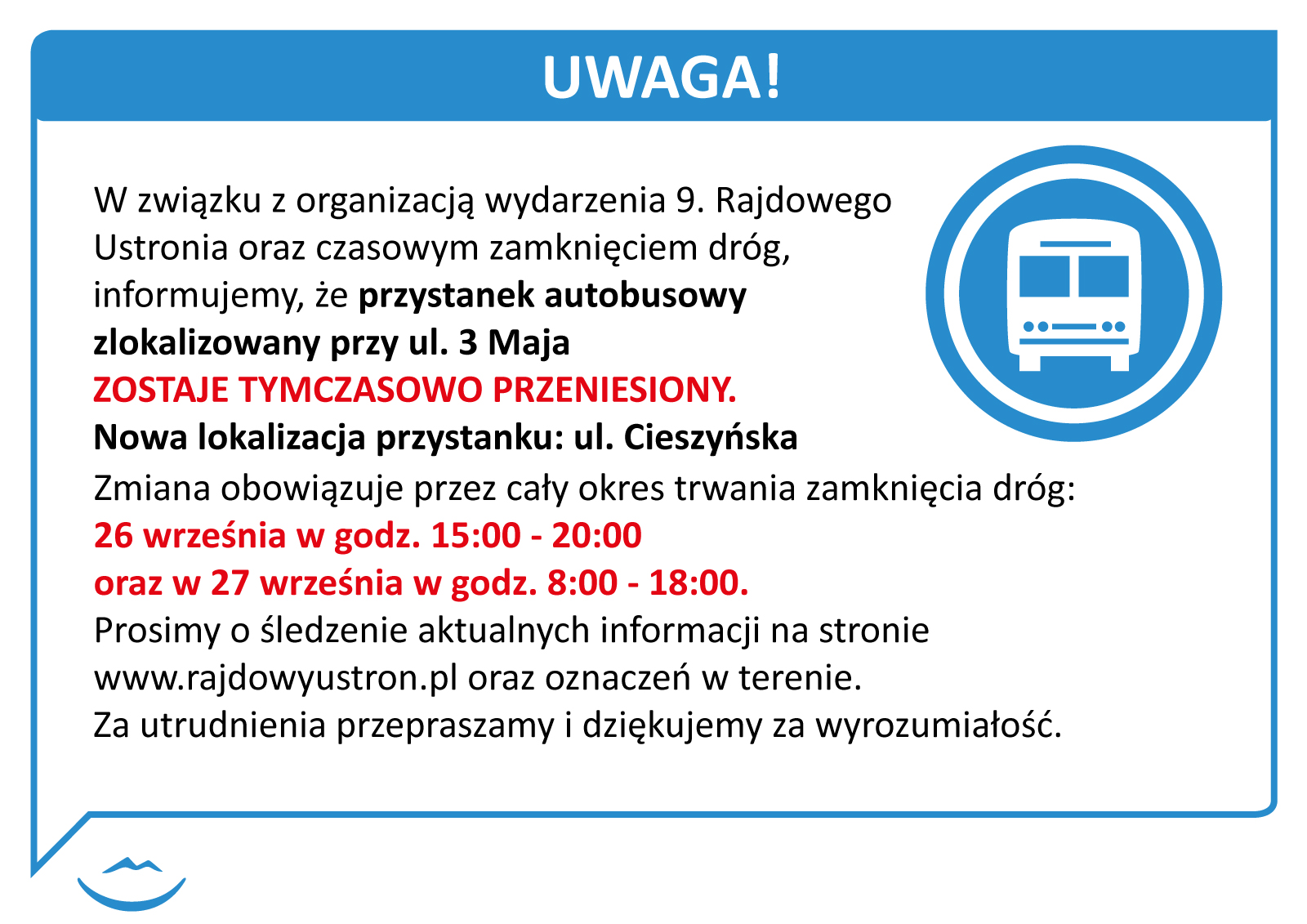 aktualność: Tymczasowe przeniesienie przystanku przy ul. 3 Maja w Ustroniu