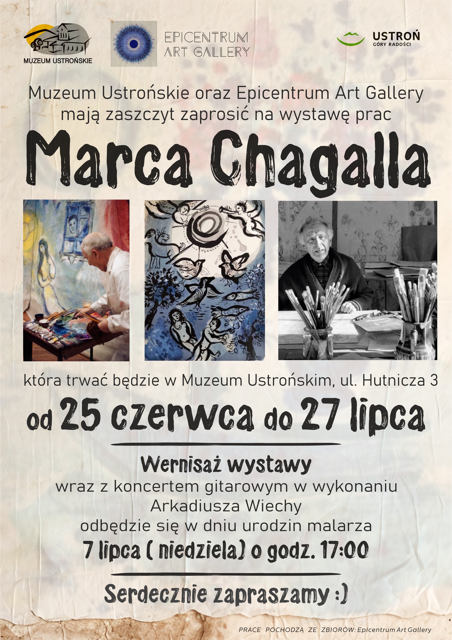Wydarzenie: Wystawa prac Marca Chagalla, Kiedy? 2024-07-07 17:00, Gdzie? Muzeum Ustrońskie im. J. Jarockiego (ul. Hutnicza 3)